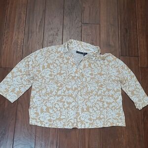 Tahari Mustard Gold & Cream 100% Linen 3/4 Sleeve Paisley Print Blouse size L